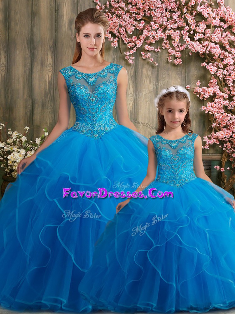  Sleeveless Tulle Floor Length Lace Up Quince Ball Gowns in Blue with Beading and Embroidery