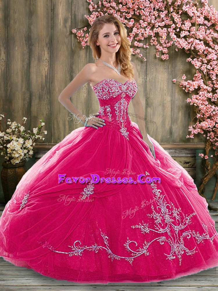  Hot Pink Sweetheart Neckline Beading and Embroidery and Pick Ups Quinceanera Gown Sleeveless Zipper