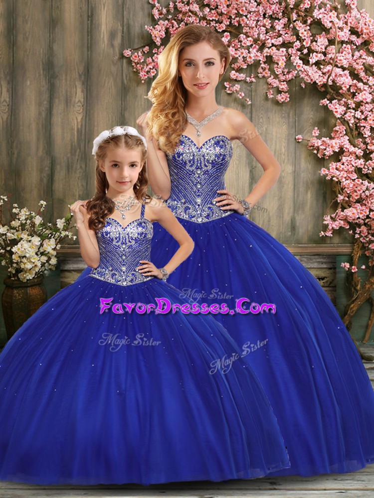 Trendy Blue Ball Gowns Beading Quince Ball Gowns Lace Up Taffeta Sleeveless Floor Length