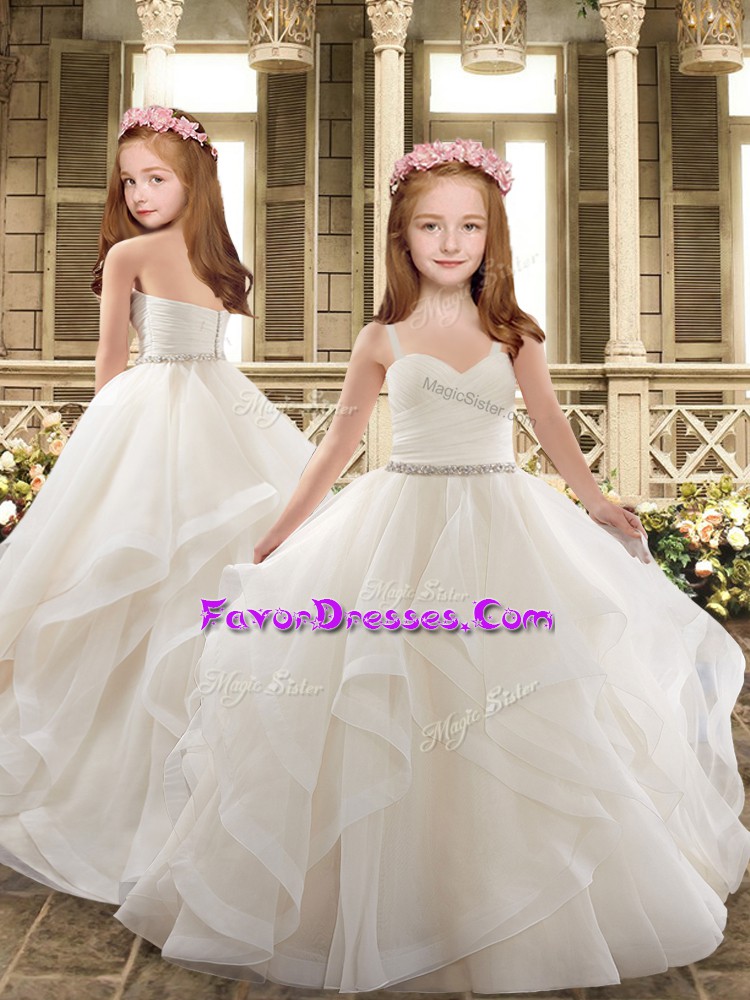 Customized White Tulle Clasp Handle Flower Girl Dresses for Less Sleeveless Sweep Train Ruffles and Belt