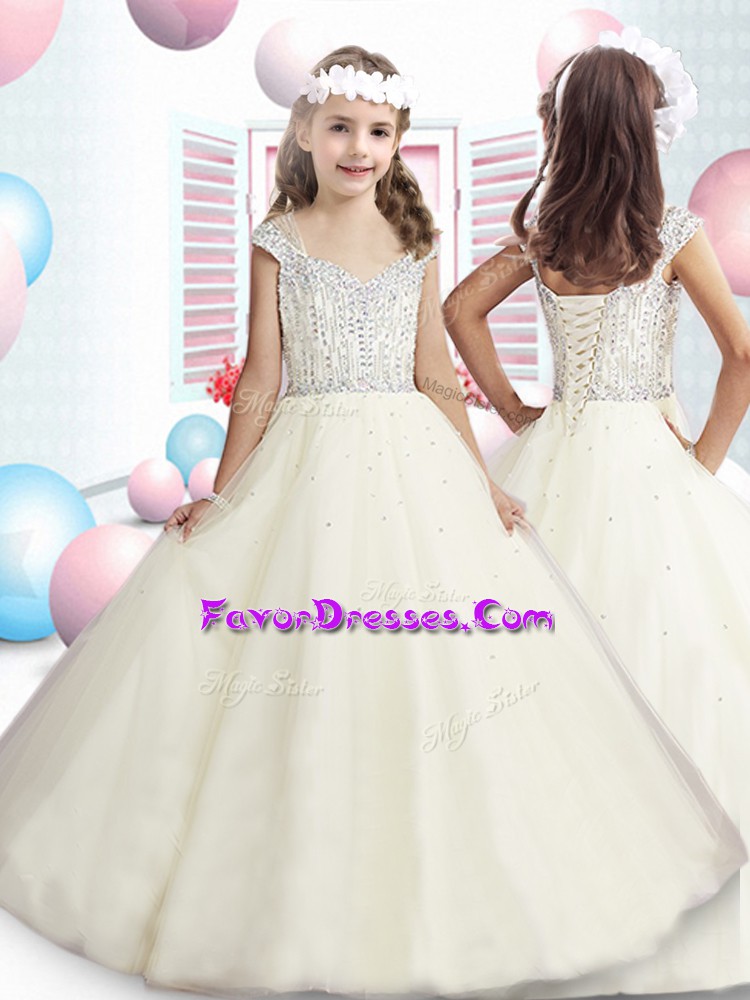 Deluxe White Organza Lace Up Straps Cap Sleeves Floor Length Flower Girl Dresses for Less Beading
