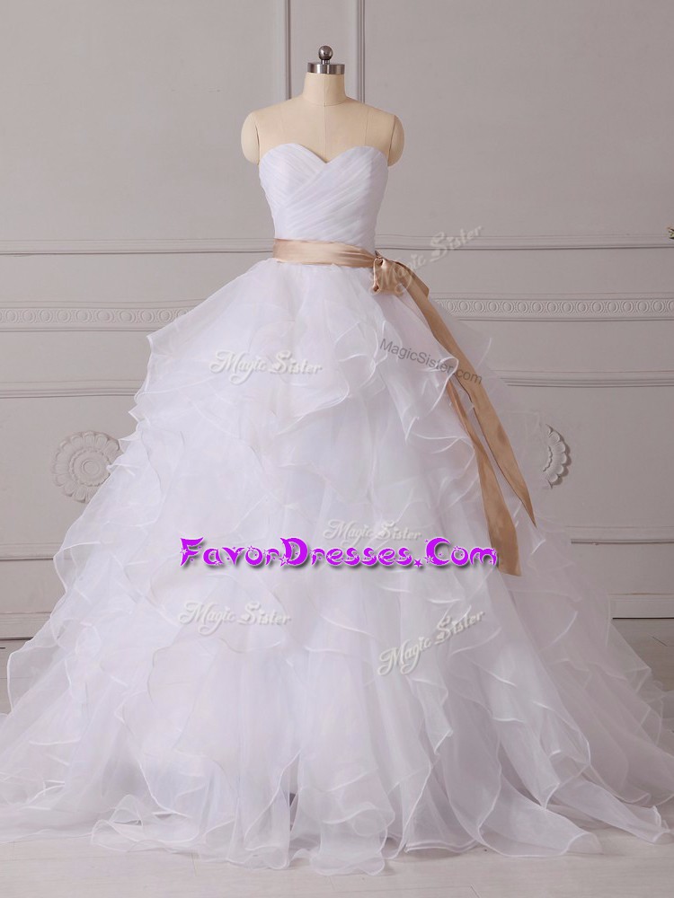 Perfect White Sweetheart Neckline Beading and Ruffles and Sashes ribbons Wedding Gown Sleeveless Lace Up