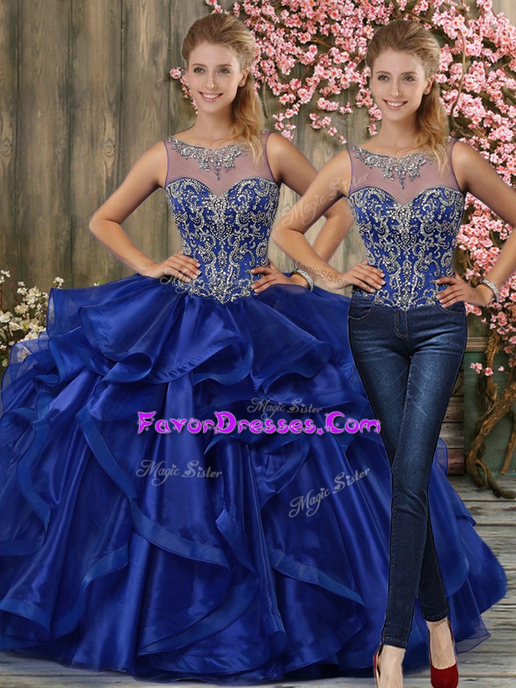  Organza Scoop Sleeveless Lace Up Beading and Ruffles Quince Ball Gowns in Royal Blue
