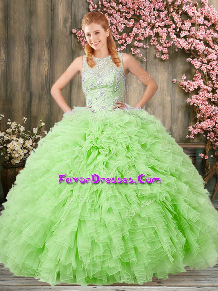  Floor Length Zipper Quinceanera Dresses Yellow Green for Military Ball and Sweet 16 and Quinceanera with Beading and Ruffles