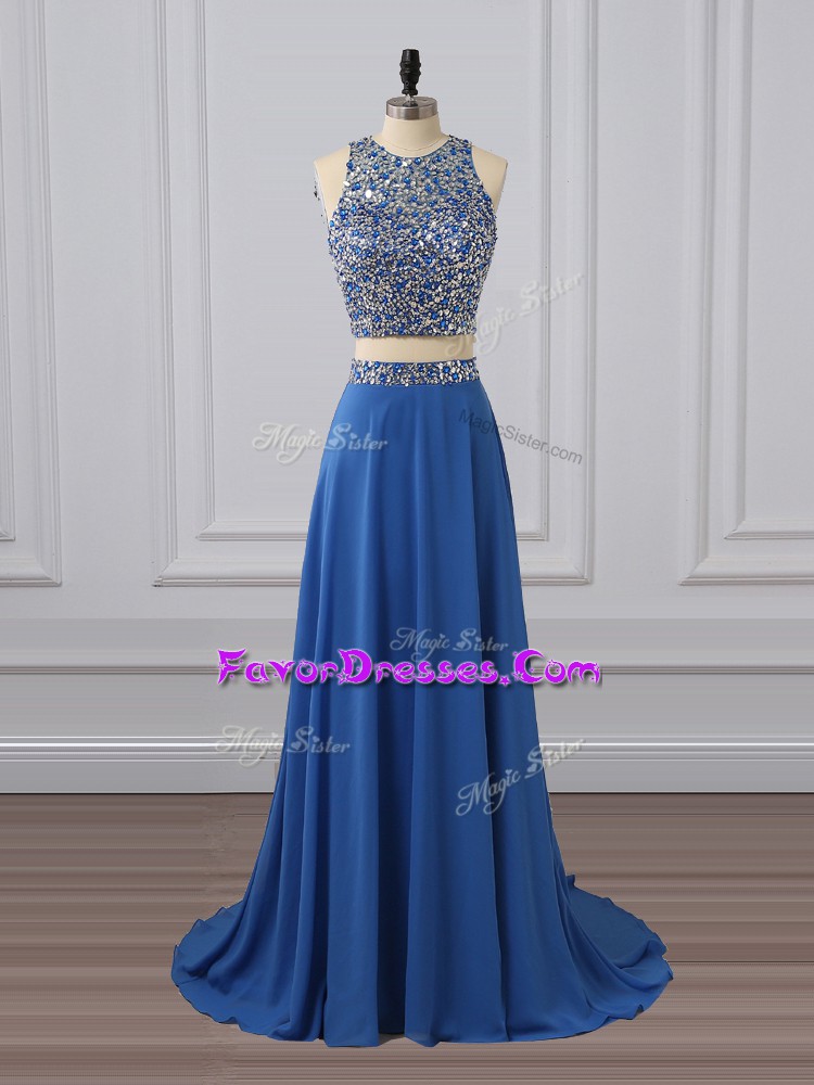 Pretty Sleeveless Chiffon Floor Length Zipper in Blue with Beading and Sequins