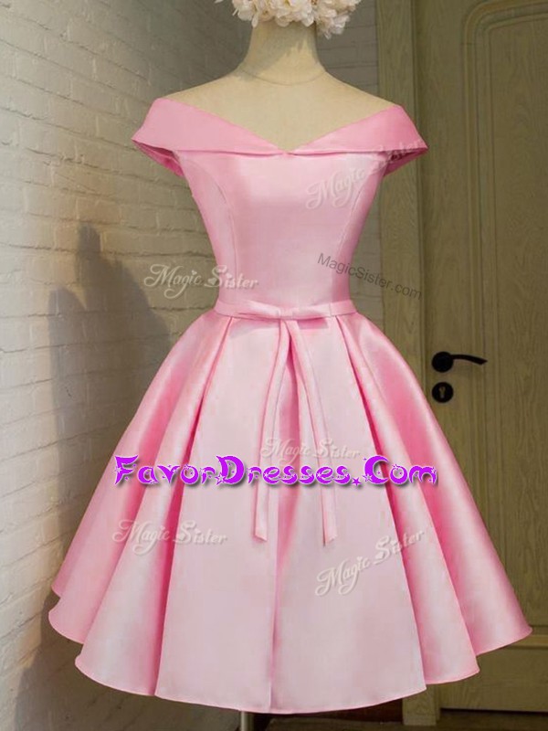  A-line Bridesmaid Dress Pink Off The Shoulder Taffeta Cap Sleeves Knee Length Lace Up
