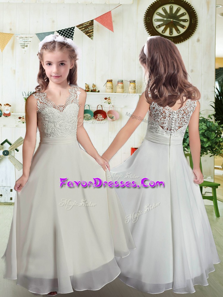  White Sleeveless Floor Length Lace Clasp Handle Flower Girl Dresses for Less