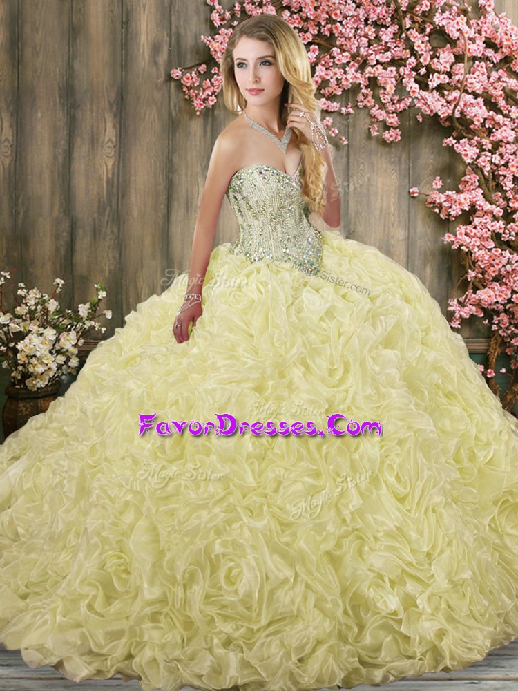 Popular Yellow Sleeveless Brush Train Beading Ball Gown Prom Dress