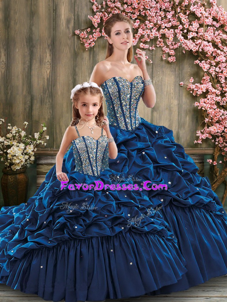 Sleeveless Beading and Pick Ups Lace Up Sweet 16 Dress with Navy Blue Brush Train