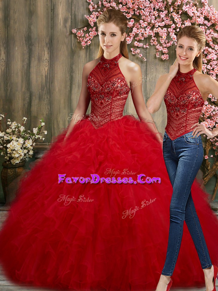  Red Organza Lace Up Halter Top Sleeveless Floor Length Quinceanera Gowns Beading and Embroidery