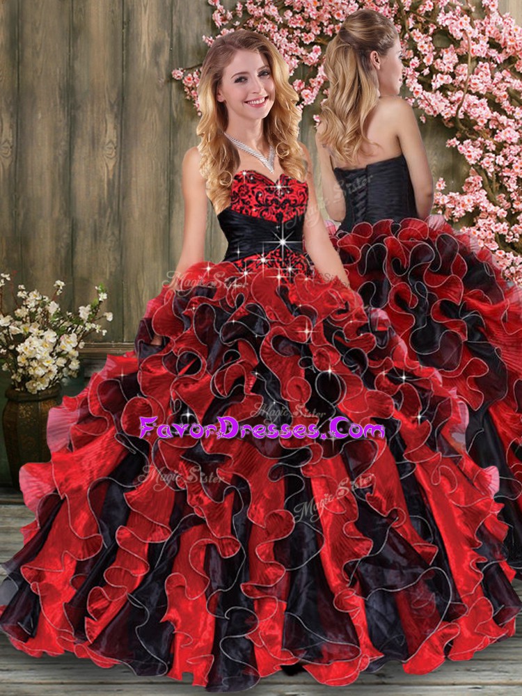  Floor Length Red And Black Sweet 16 Dresses Organza Sleeveless Embroidery and Ruffles