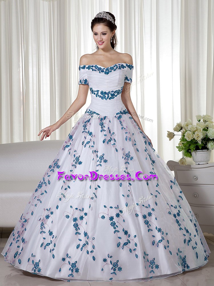 Traditional Floor Length White Sweet 16 Dresses Off The Shoulder Short Sleeves Lace Up