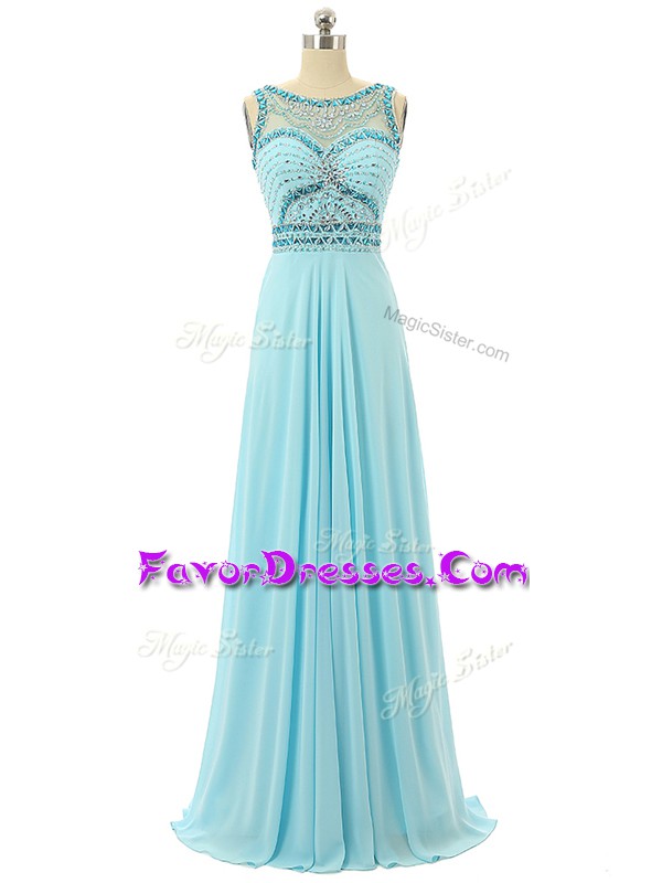  Aqua Blue Chiffon Zipper Scoop Sleeveless Floor Length Prom Party Dress Beading