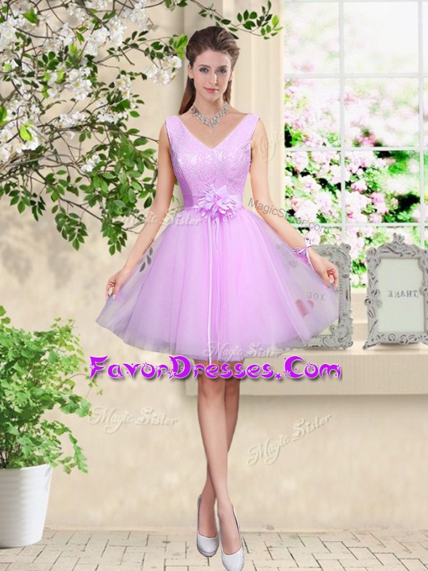 Colorful Lilac A-line Tulle V-neck Sleeveless Lace and Belt Knee Length Lace Up Quinceanera Court Dresses