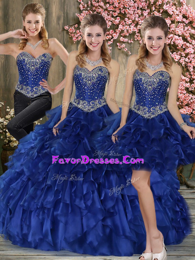  Ball Gowns Quinceanera Dresses Blue Sweetheart Organza Sleeveless Floor Length Lace Up
