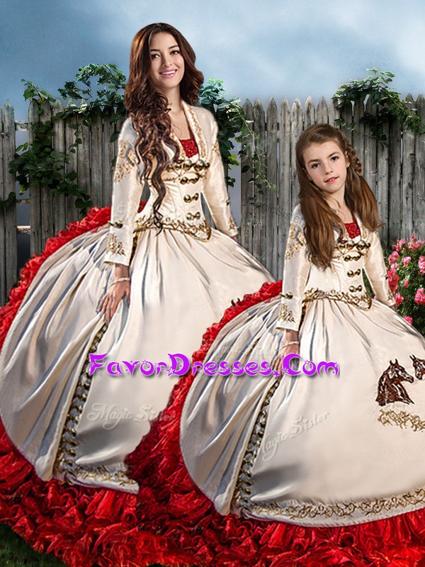 Pretty Embroidery and Ruffles Sweet 16 Dress White And Red Lace Up Long Sleeves Brush Train