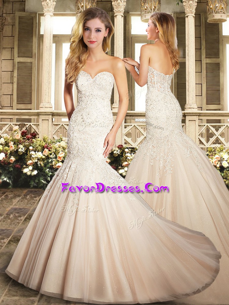 Hot Selling Pink Mermaid Appliques and Embroidery Wedding Dresses Backless Organza Sleeveless