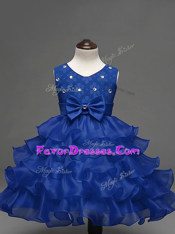 Stunning Royal Blue Ball Gowns Lace and Ruffled Layers and Bowknot Little Girls Pageant Dress Wholesale Zipper Organza Sleeveless Knee Length