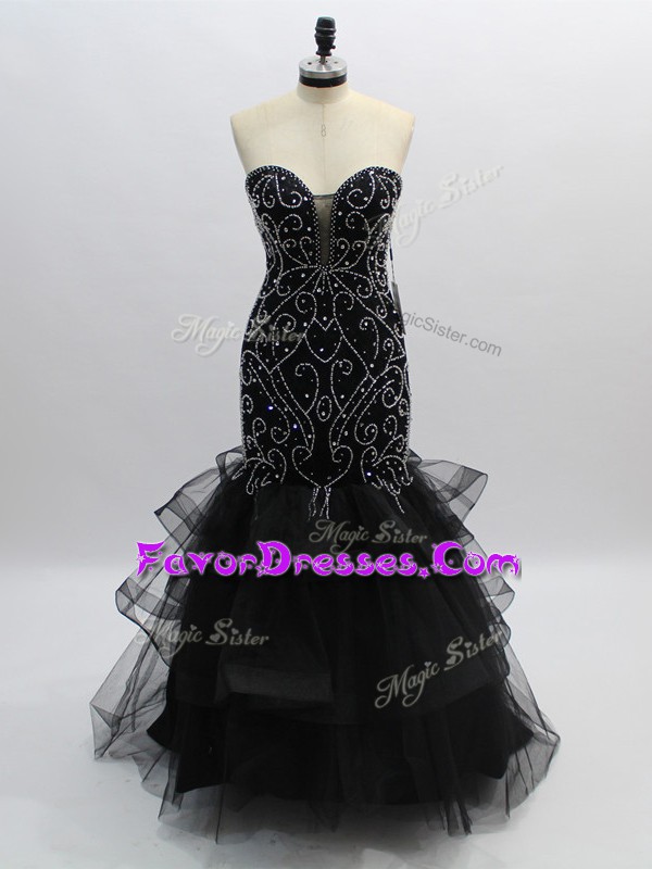 Mermaid Homecoming Dress Black Sweetheart Tulle Sleeveless Floor Length Zipper
