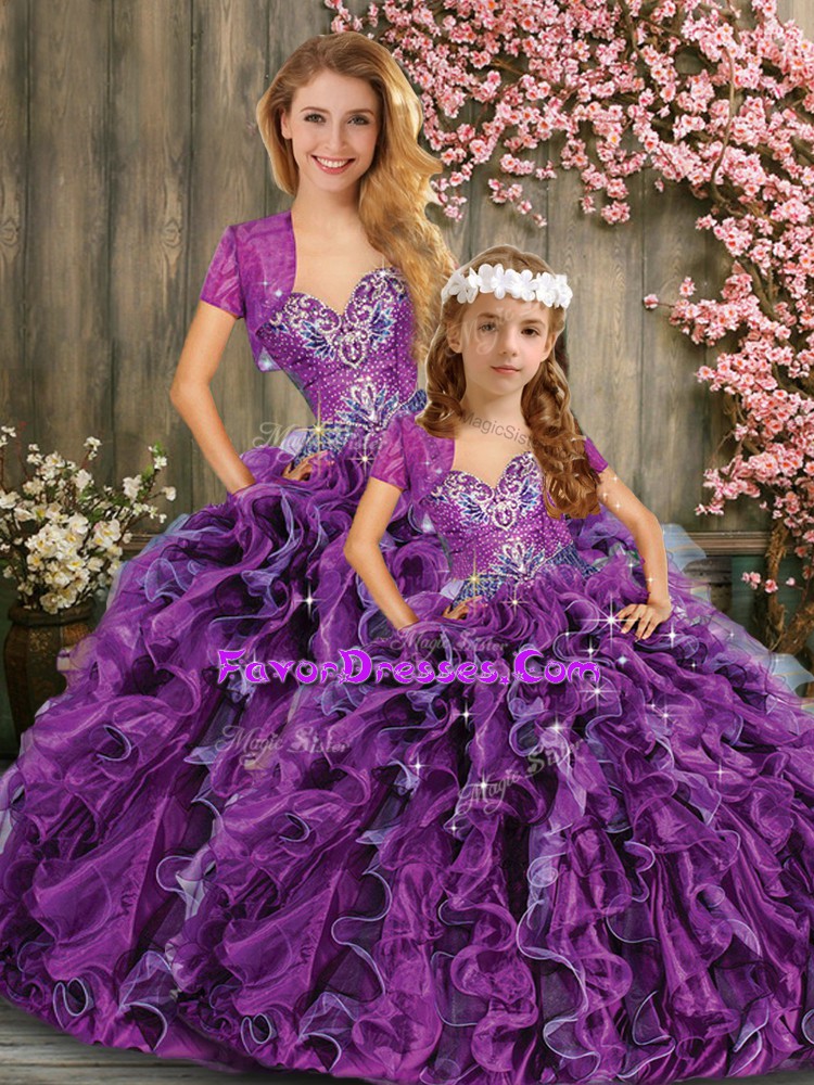  Black And Purple Ball Gowns Organza Sweetheart Sleeveless Beading and Ruffles Floor Length Lace Up Ball Gown Prom Dress