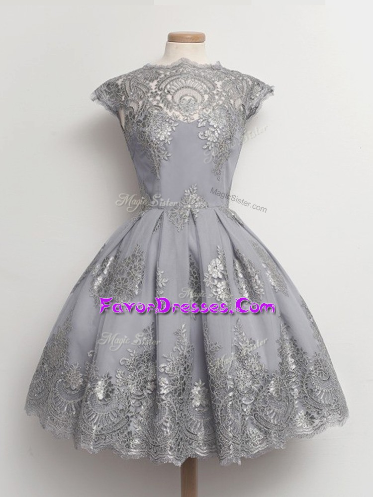  Grey Cap Sleeves Tulle Lace Up Dama Dress for Quinceanera for Prom and Party and Wedding Party