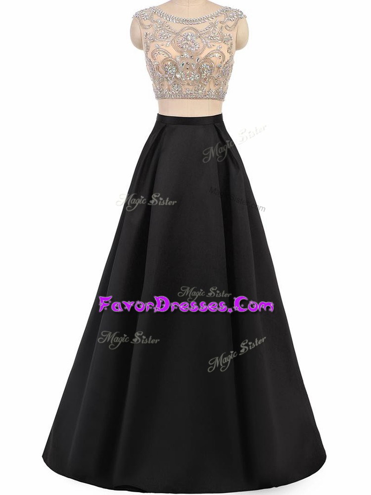  Sleeveless Taffeta Floor Length Zipper Prom Gown in Black with Beading