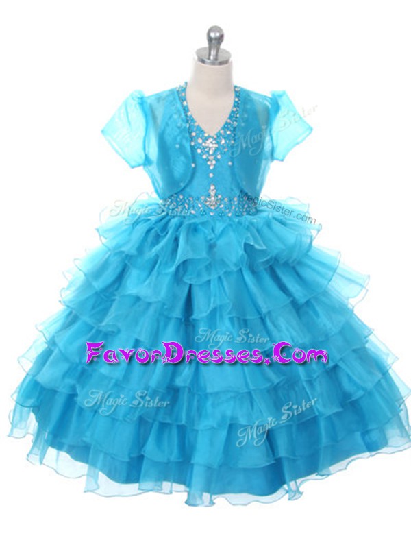 Excellent Floor Length Baby Blue Little Girls Pageant Dress Halter Top Sleeveless Lace Up