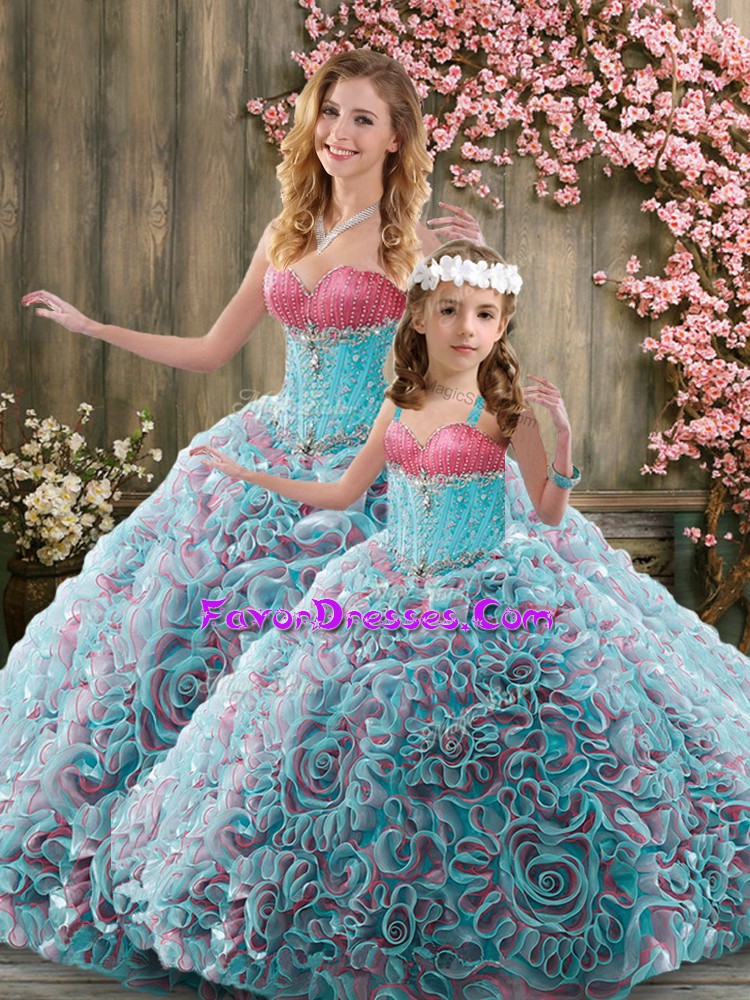 Multi-color Fabric With Rolling Flowers Lace Up Vestidos de Quinceanera Sleeveless Brush Train Beading