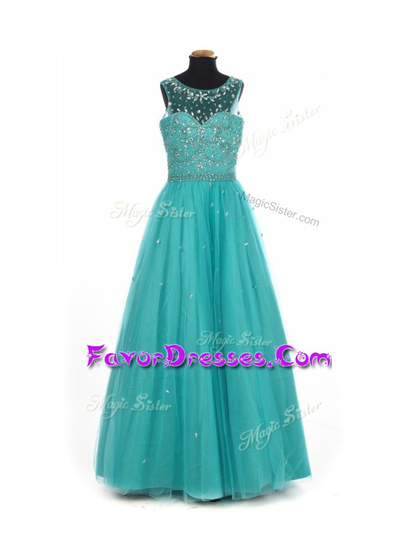  Teal Scoop Neckline Beading Pageant Gowns For Girls Sleeveless Lace Up