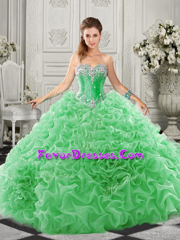  Green Ball Gowns Beading and Ruffles 15th Birthday Dress Lace Up Organza Sleeveless
