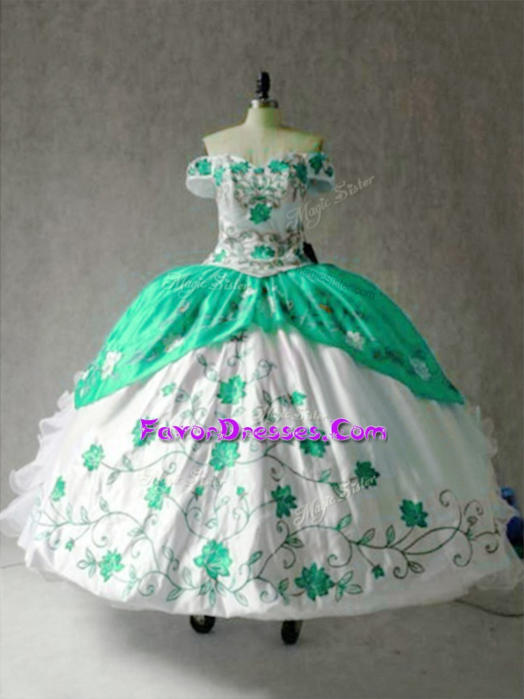 Fancy Off The Shoulder Cap Sleeves Organza Ball Gown Prom Dress Embroidery and Ruffles Lace Up