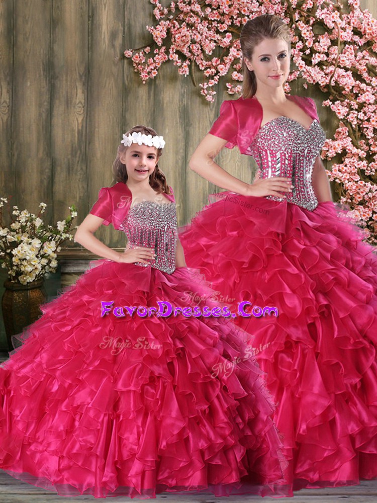 Colorful Hot Pink Organza Lace Up Sweetheart Sleeveless Floor Length 15 Quinceanera Dress Beading and Ruffles