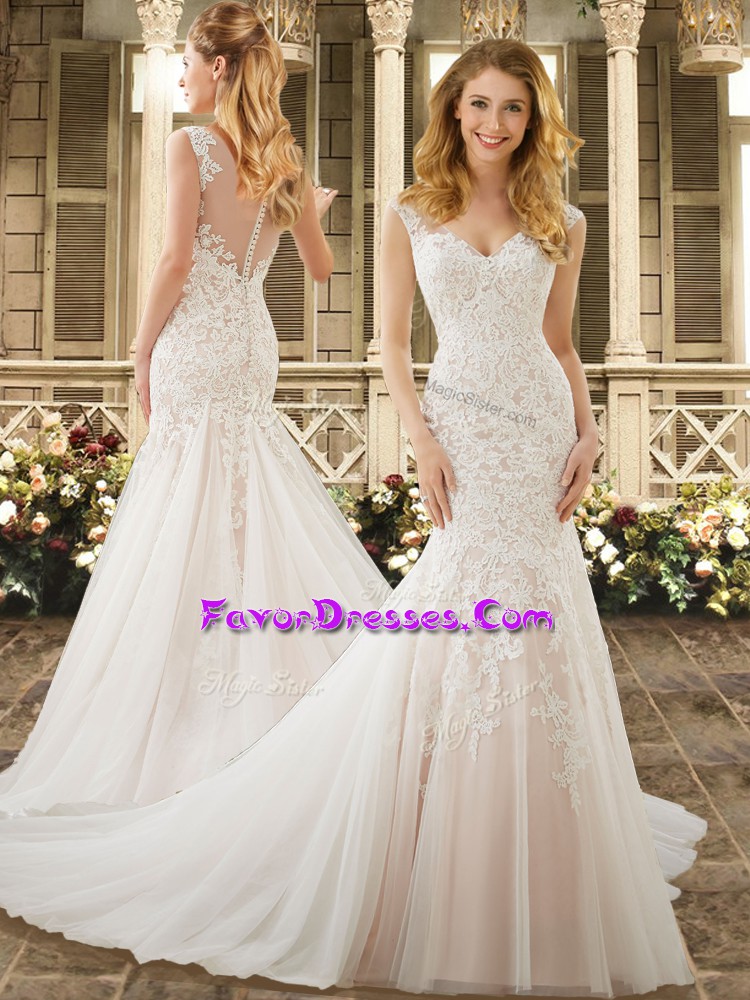 Colorful Tulle V-neck Sleeveless Brush Train Clasp Handle Lace Wedding Dresses in White