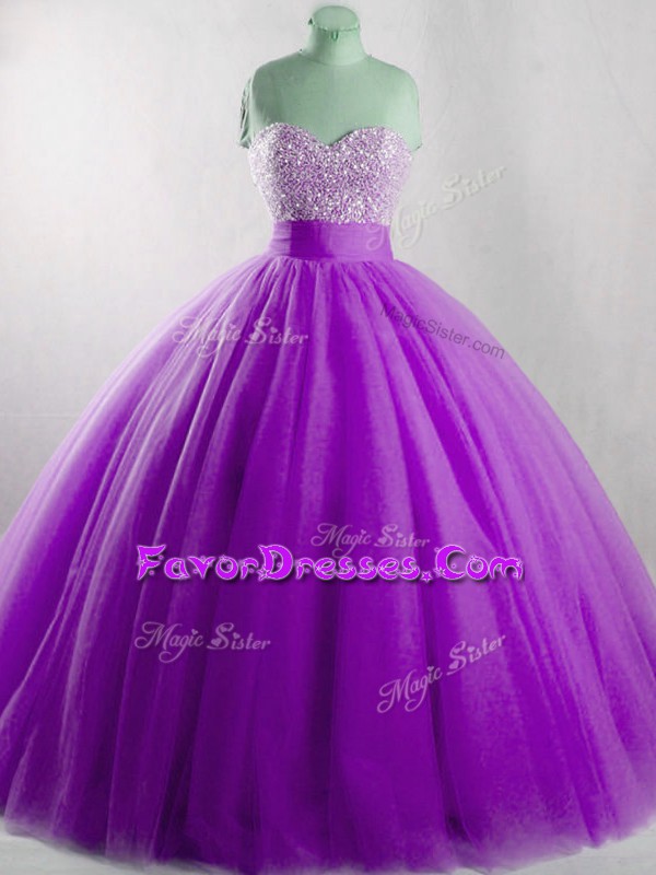  Eggplant Purple Sleeveless Floor Length Beading Lace Up Sweet 16 Dress