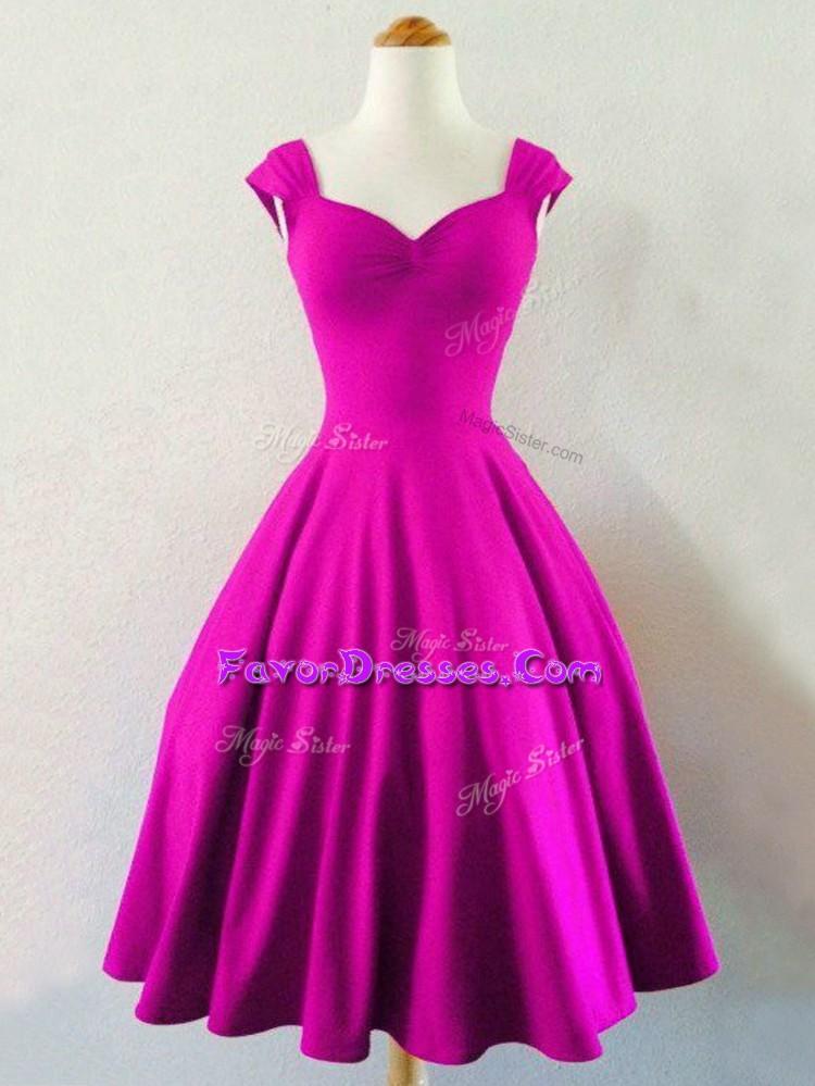 Customized Straps Sleeveless Lace Up Bridesmaid Gown Fuchsia Taffeta