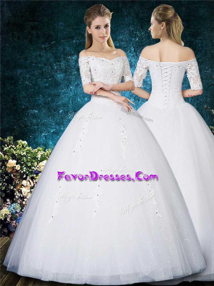  White Tulle Lace Up Wedding Dresses Half Sleeves Floor Length Beading and Appliques and Embroidery