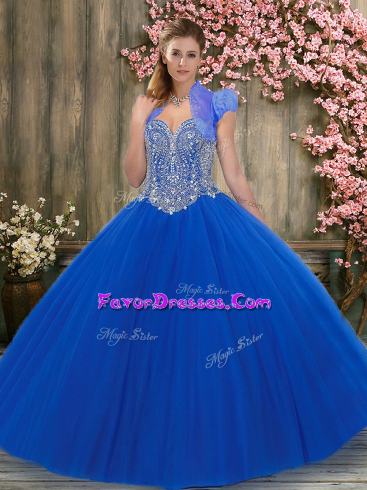 Custom Fit Royal Blue Sleeveless Beading Floor Length Sweet 16 Dress