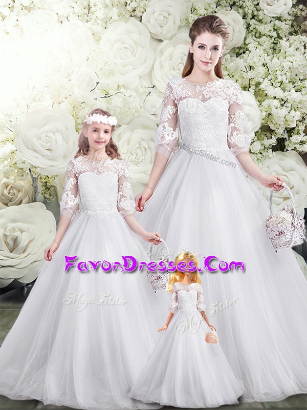 Smart White A-line Lace Sweet 16 Dresses Lace Up Tulle Half Sleeves