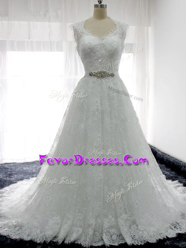 Beautiful White A-line Beading and Lace Wedding Dress Clasp Handle Lace Sleeveless
