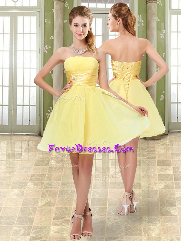  Sleeveless Lace Up Mini Length Beading and Ruching Teens Party Dress