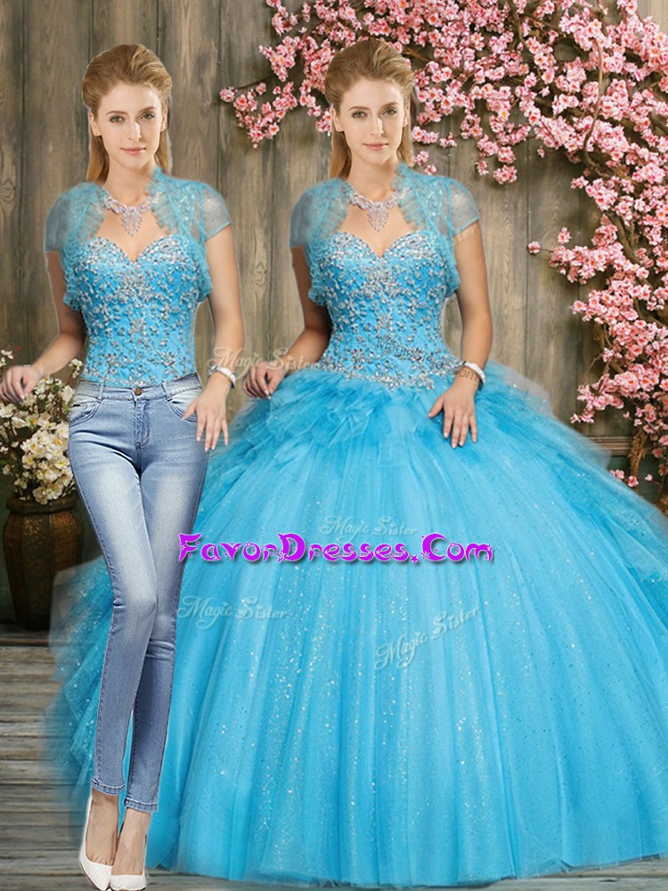 Enchanting Aqua Blue Sweet 16 Dress Military Ball and Sweet 16 and Quinceanera with Beading Sweetheart Sleeveless Lace Up