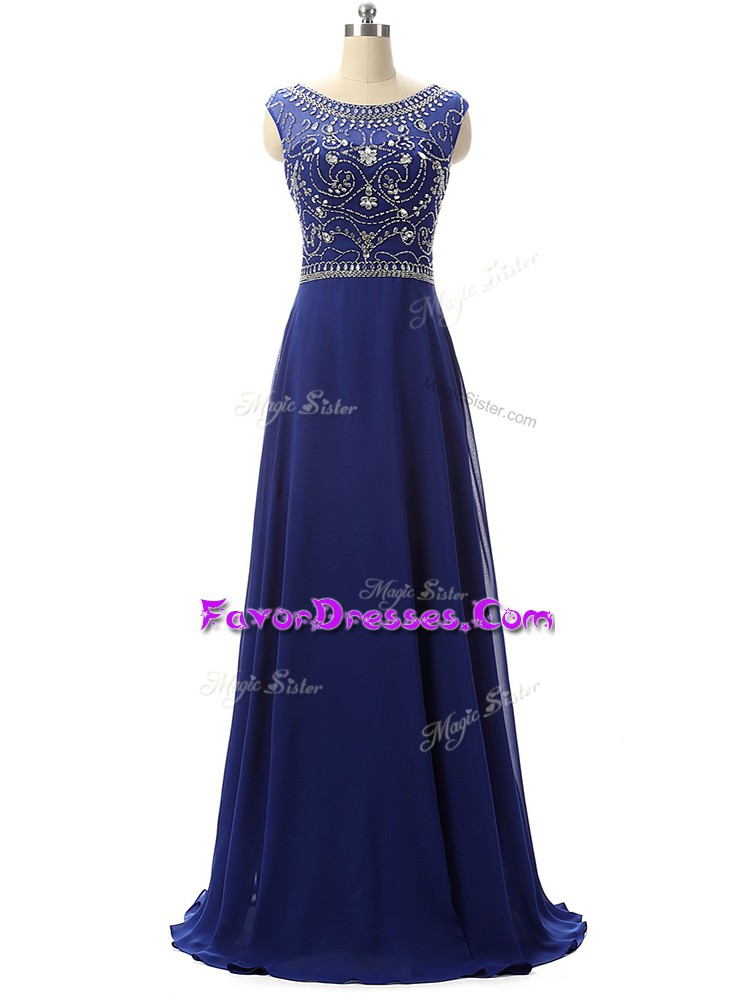  Scoop Sleeveless Dress for Prom Floor Length Beading Royal Blue Chiffon