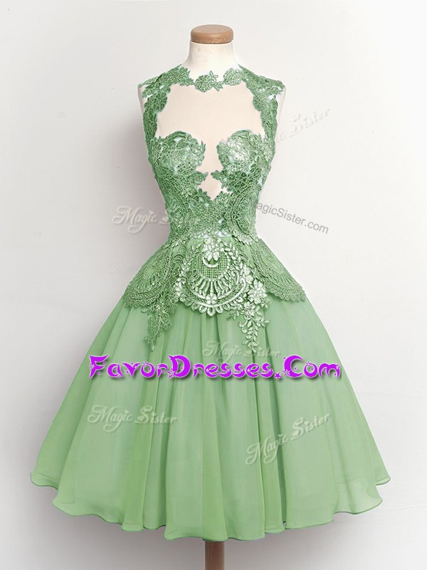  A-line Wedding Guest Dresses Green High-neck Chiffon Sleeveless Knee Length Lace Up