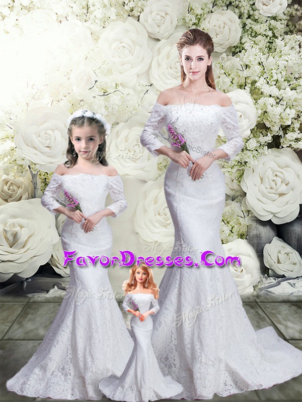 Glamorous 3 4 Length Sleeve Lace Brush Train Lace Up Quinceanera Dress in White with Lace