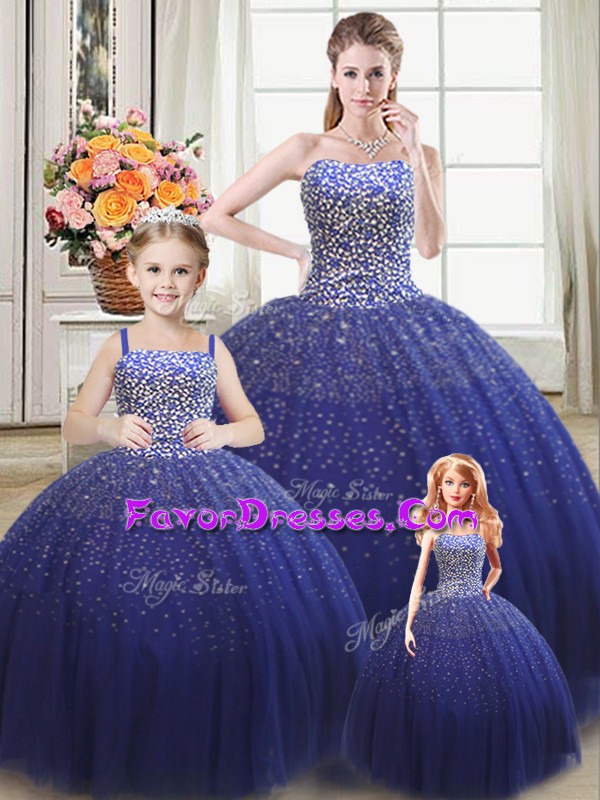 Flare Beading Sweet 16 Dress Royal Blue Lace Up Sleeveless Floor Length