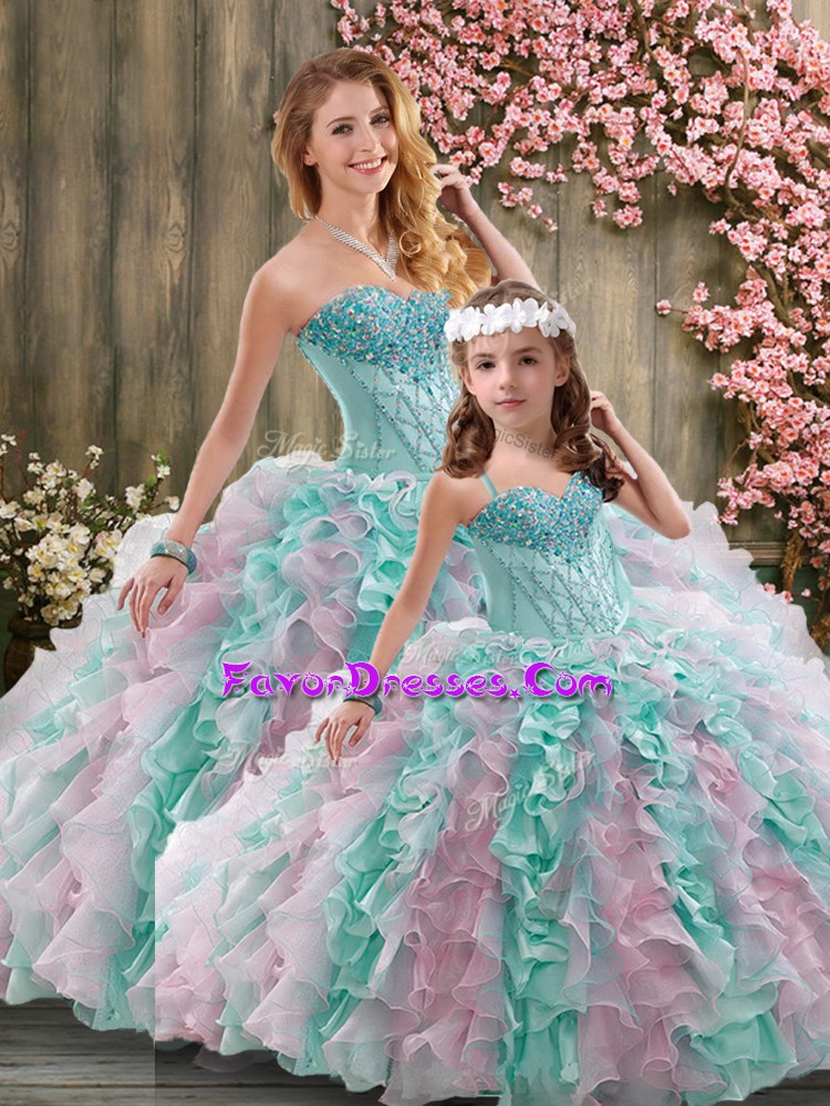 Decent Sleeveless Organza Brush Train Lace Up Quince Ball Gowns in Multi-color with Beading and Ruffles