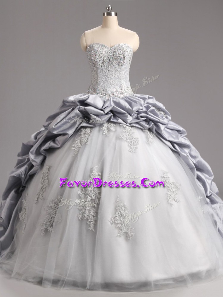 Fashion Silver Sleeveless Brush Train Beading and Appliques and Pick Ups Sweet 16 Dress