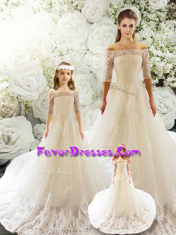 Dazzling Half Sleeves Court Train Lace Up Lace Sweet 16 Quinceanera Dress