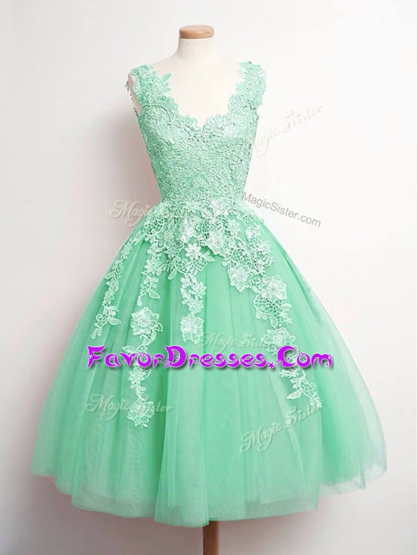 Eye-catching Apple Green Sleeveless Tulle Lace Up Bridesmaid Dress for Prom and Party and Wedding Party