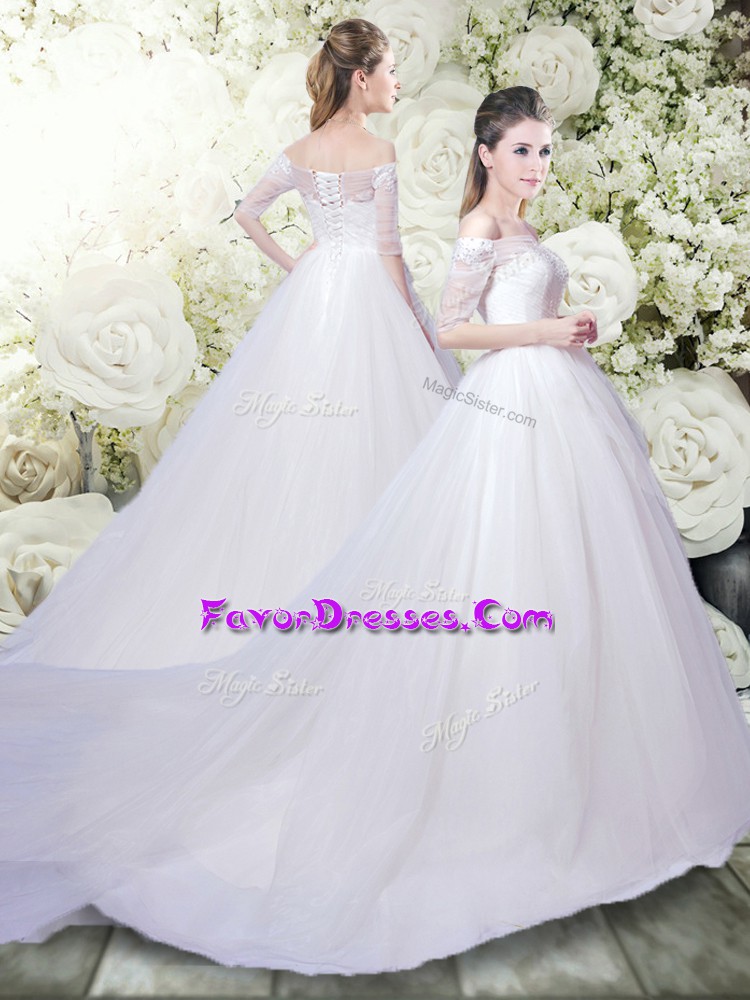  Half Sleeves Tulle Brush Train Lace Up Wedding Dress in White with Ruching